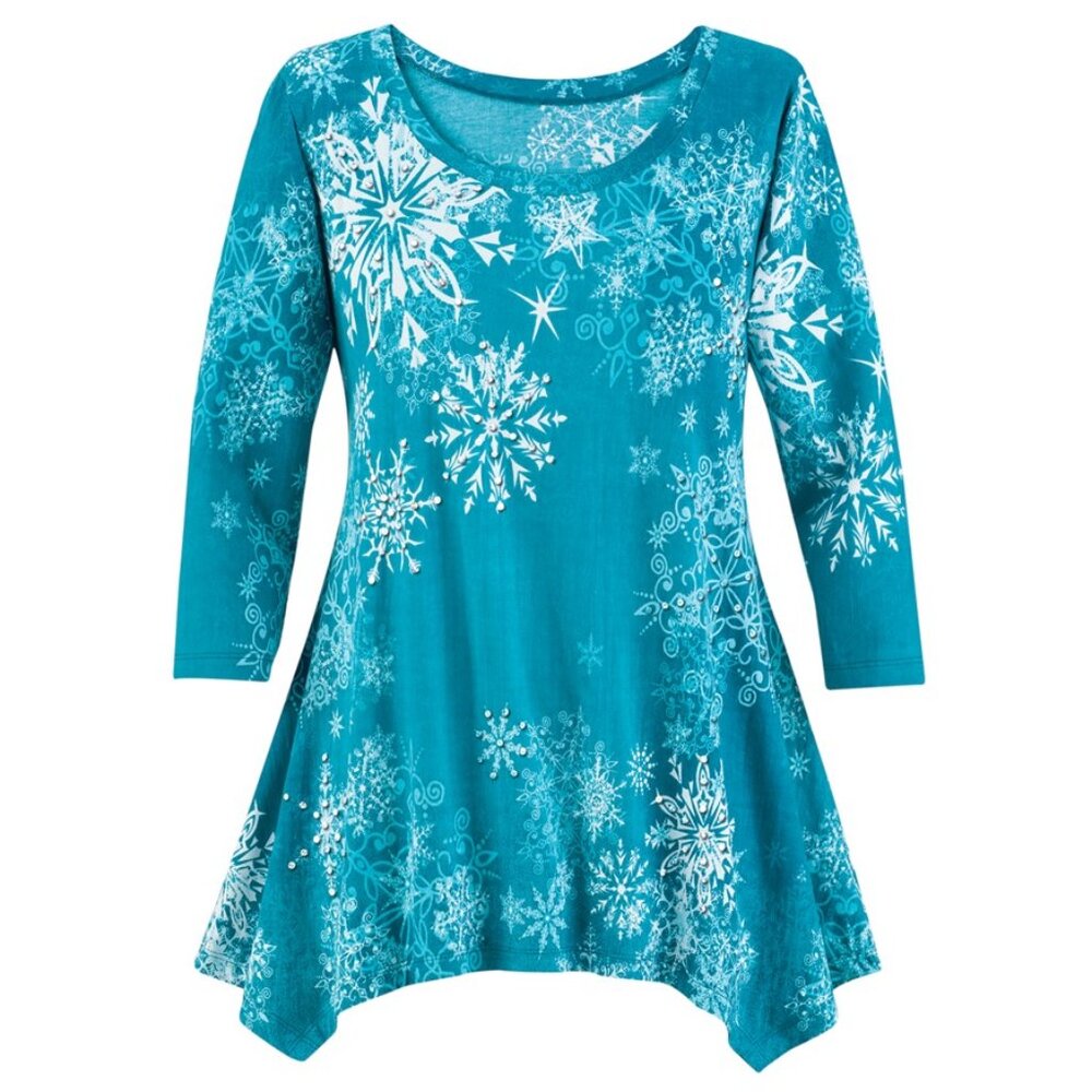 New XXL Teal Sparkling Sequin Snowfall Christmas Holiday SharkBite Knit Tunic